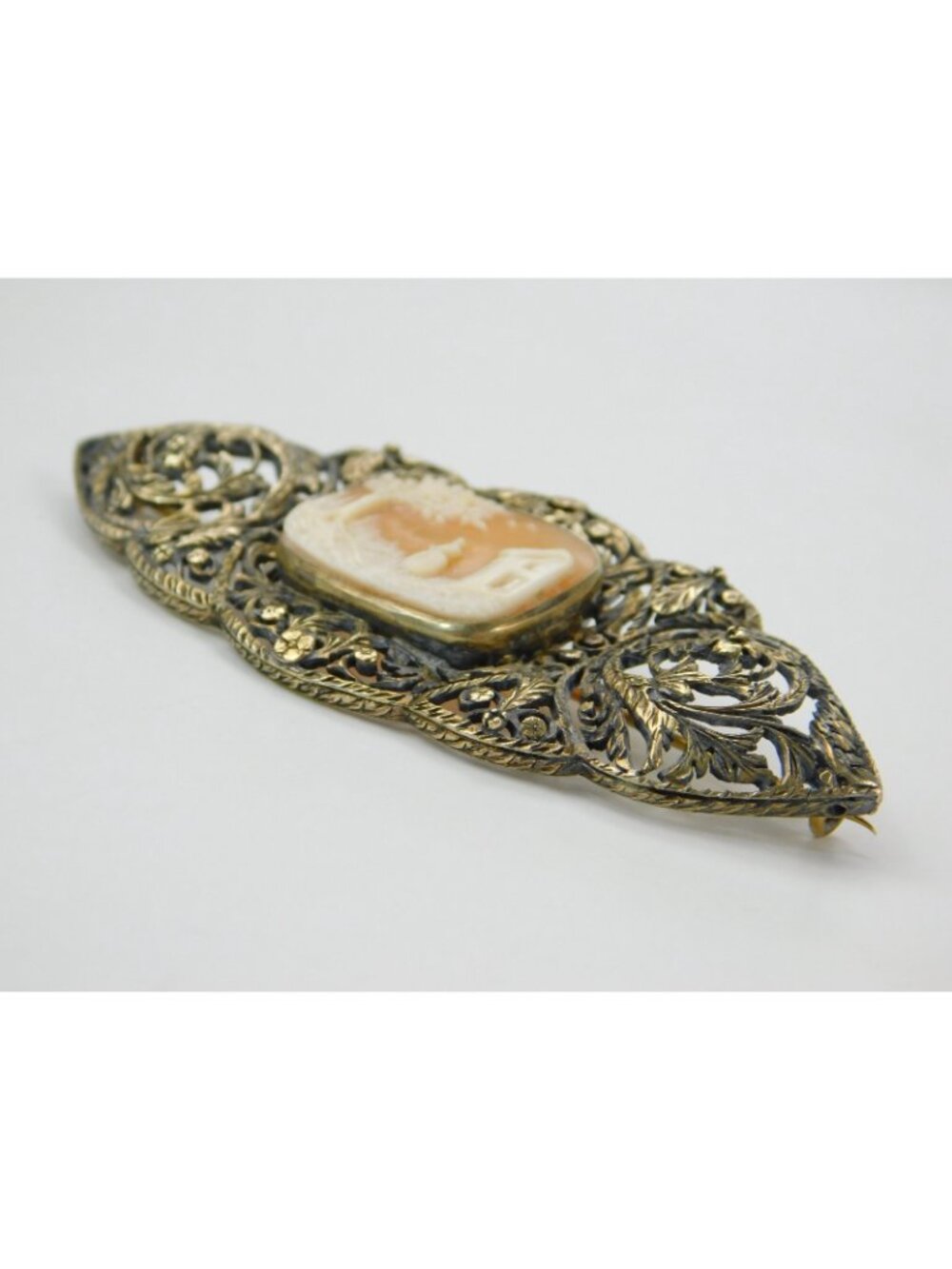 Antique 14k Gold 3.25" Filigree Floral Carved Shell Landscape Cameo Brooch Pin - Picture 5 of 16